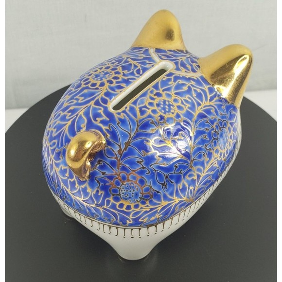 Vintage Ceramic Hand Painted Blue Gold Piggy Bank Marked JM Made In Thailand EUC - Picture 6 of 16
